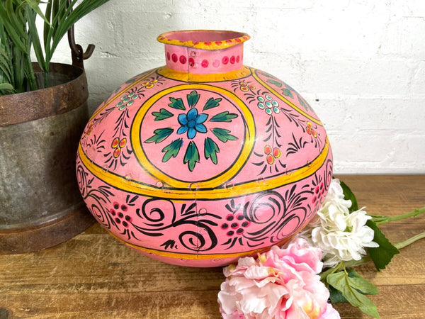 Vintage Large Indian Metal Hand Painted Riveted Water Bowl Pot Dry Flower Vase