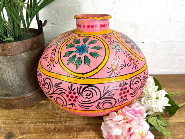 Vintage Large Indian Metal Hand Painted Riveted Water Bowl Pot Dry Flower Vase