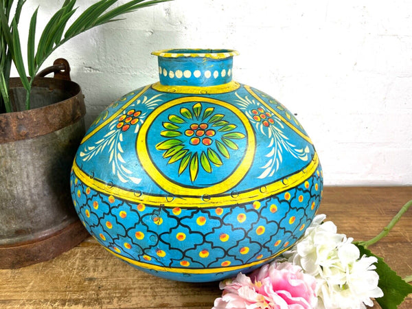 Vintage Large Indian Metal Hand Painted Riveted Water Bowl Pot Dry Flower Vase