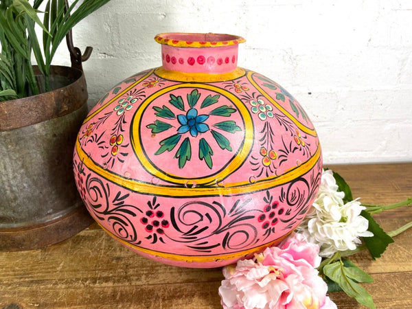 Vintage Large Indian Metal Hand Painted Riveted Water Bowl Pot Dry Flower Vase