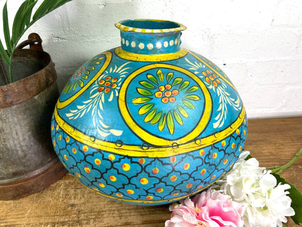 Vintage Large Indian Metal Hand Painted Riveted Water Bowl Pot Dry Flower Vase