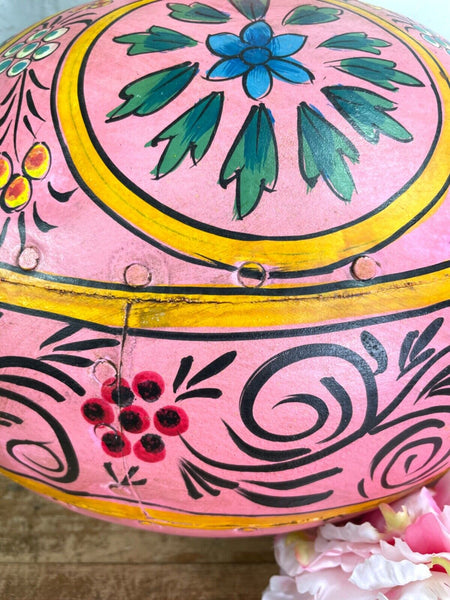 Vintage Large Indian Metal Hand Painted Riveted Water Bowl Pot Dry Flower Vase