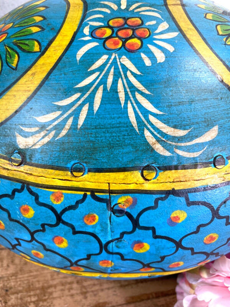 Vintage Large Indian Metal Hand Painted Riveted Water Bowl Pot Dry Flower Vase