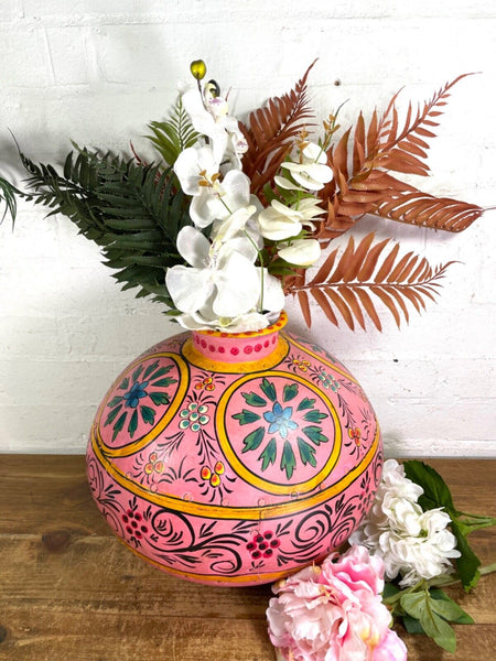 Vintage Large Indian Metal Hand Painted Riveted Water Bowl Pot Dry Flower Vase