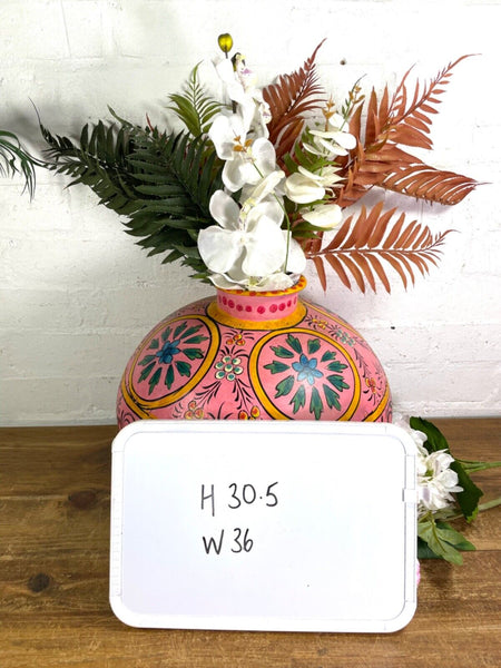 Vintage Large Indian Metal Hand Painted Riveted Water Bowl Pot Dry Flower Vase
