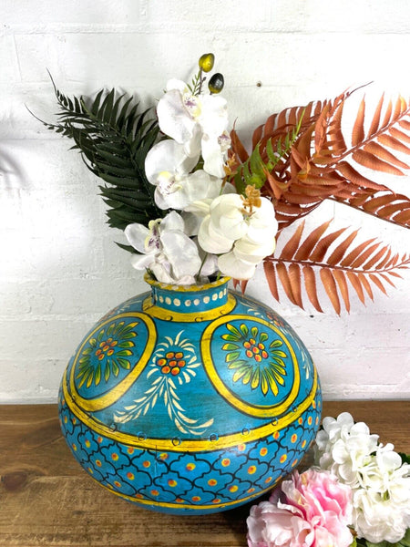 Vintage Large Indian Metal Hand Painted Riveted Water Bowl Pot Dry Flower Vase