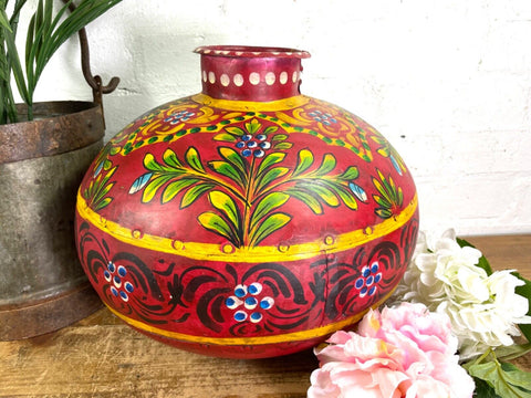 Vintage Large Indian Metal Hand Painted Riveted Water Bowl Pot Dry Flower Vase