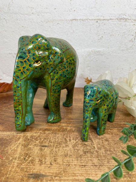 Set Family Hand Carved Wooden Indian Kashmiri Hand Painted Elephant Statue Gift