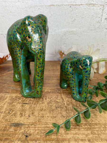 Set Family Hand Carved Wooden Indian Kashmiri Hand Painted Elephant Statue Gift