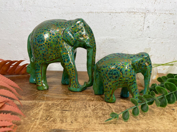 Set Family Hand Carved Wooden Indian Kashmiri Hand Painted Elephant Statue Gift
