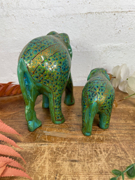 Set Family Hand Carved Wooden Indian Kashmiri Hand Painted Elephant Statue Gift