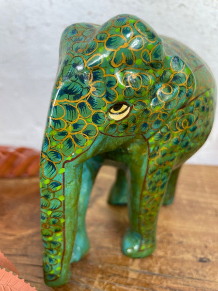 Set Family Hand Carved Wooden Indian Kashmiri Hand Painted Elephant Statue Gift