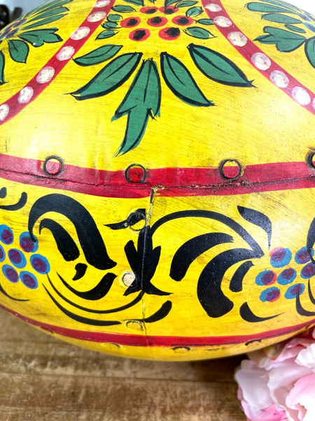Vintage Large Indian Metal Hand Painted Riveted Water Bowl Pot Dry Flower Vase