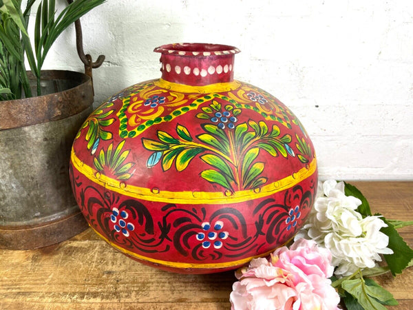 Vintage Large Indian Metal Hand Painted Riveted Water Bowl Pot Dry Flower Vase