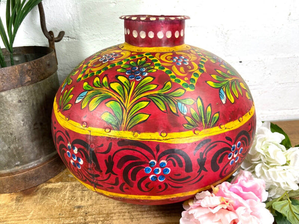 Vintage Large Indian Metal Hand Painted Riveted Water Bowl Pot Dry Flower Vase