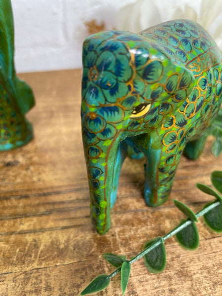 Set Family Hand Carved Wooden Indian Kashmiri Hand Painted Elephant Statue Gift