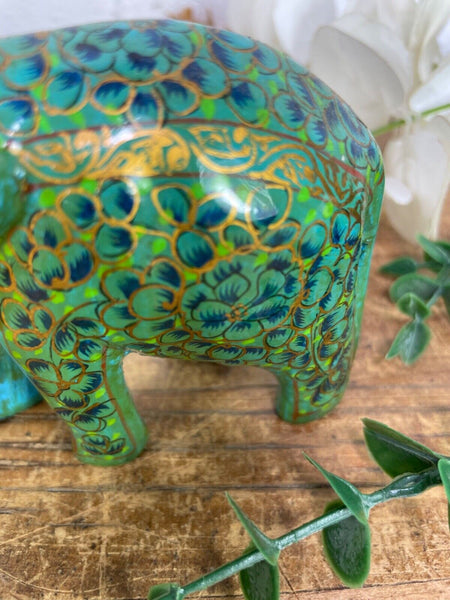 Set Family Hand Carved Wooden Indian Kashmiri Hand Painted Elephant Statue Gift