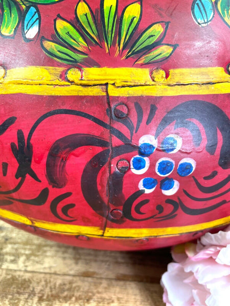 Vintage Large Indian Metal Hand Painted Riveted Water Bowl Pot Dry Flower Vase