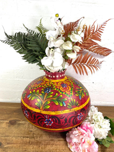 Vintage Large Indian Metal Hand Painted Riveted Water Bowl Pot Dry Flower Vase