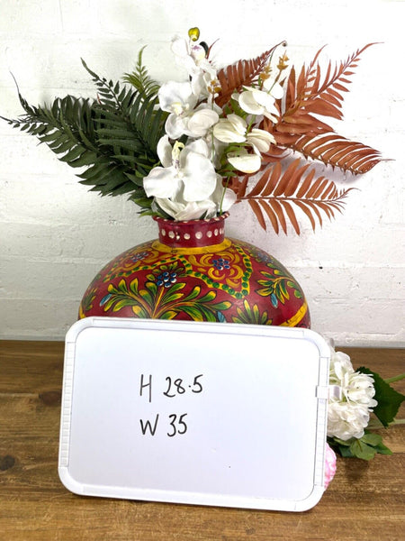 Vintage Large Indian Metal Hand Painted Riveted Water Bowl Pot Dry Flower Vase