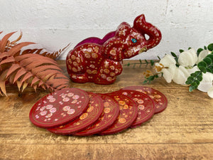Vintage Kashmiri Paper Mache Elephant Floral Hand Painted Drinks Coaster Set