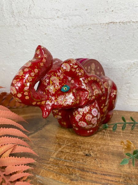 Vintage Kashmiri Paper Mache Elephant Floral Hand Painted Drinks Coaster Set