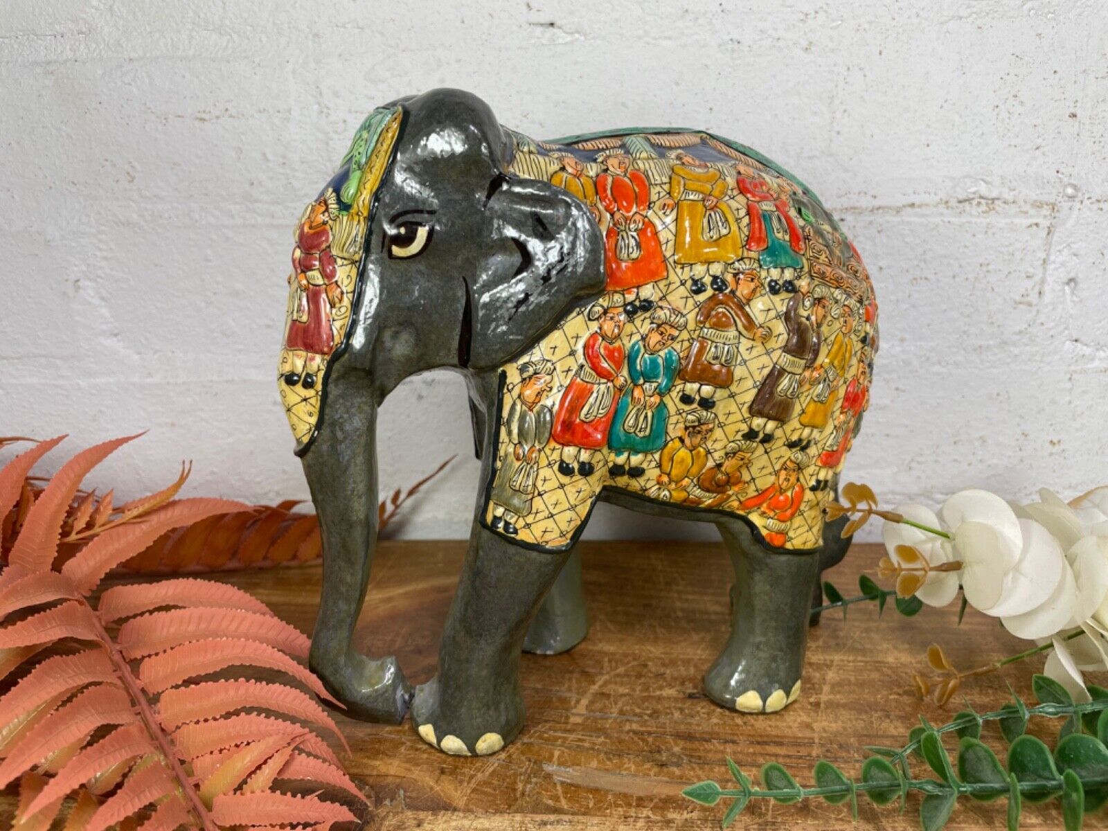 Vintage Hand Carved Wooden Indian Kashmiri Hand Painted Elephant Statue Gift
