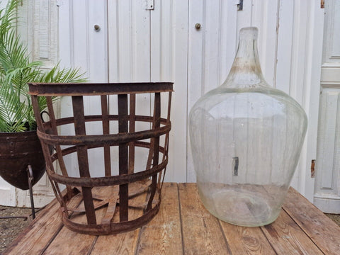 Antique Vintage Large French Hand Blown Glass Demijohn Carboy Cage Wedding Prop