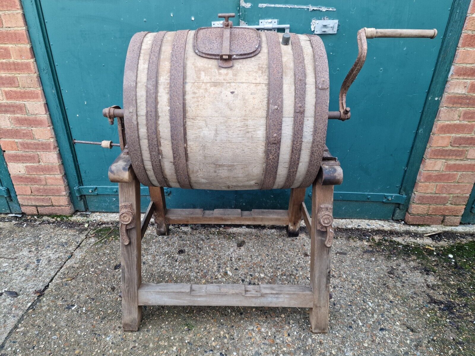 Large Antique English Made Oak Barrel Butter Churn Stand Tombola Garden Feature