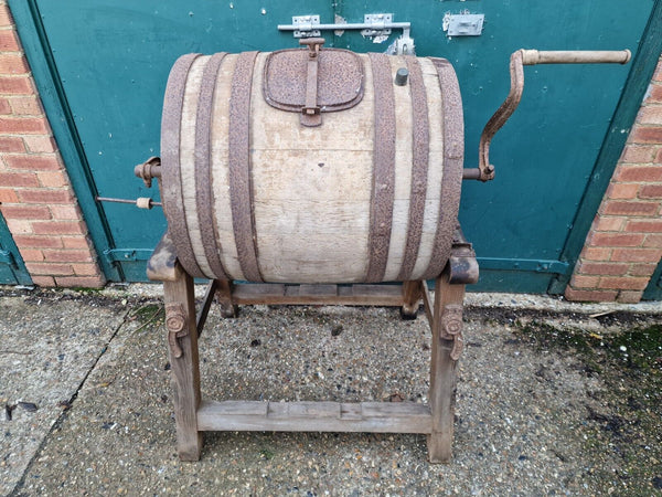 Large Antique English Made Oak Barrel Butter Churn Stand Tombola Garden Feature