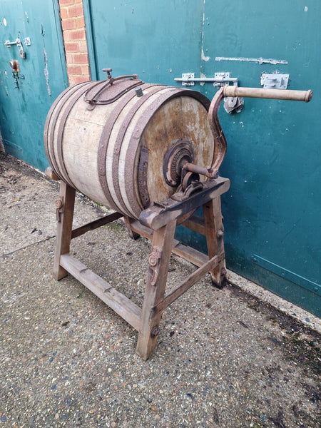 Large Antique English Made Oak Barrel Butter Churn Stand Tombola Garden Feature