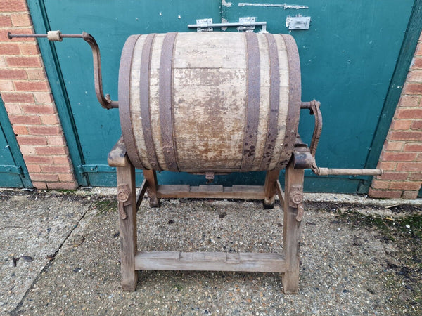 Large Antique English Made Oak Barrel Butter Churn Stand Tombola Garden Feature