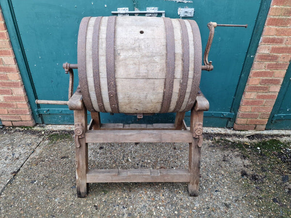 Large Antique English Made Oak Barrel Butter Churn Stand Tombola Garden Feature