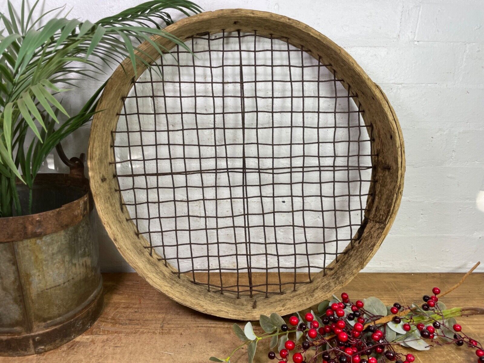 Vintage Rustic Bentwood Agricultural Garden Potato Sieve Riddle Wall Decor