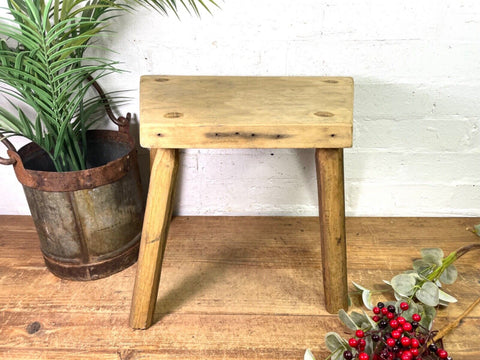 Vintage Hungarian Rustic Wooden Milking Stool Side Table Bench Plant Stand