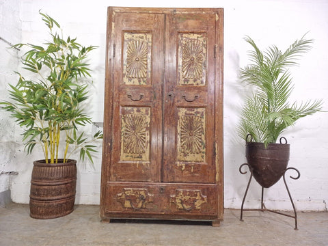 Vintage Antique Indian Solid Wooden Hand Carved Kitchen Cabinet Cupboard Armoire