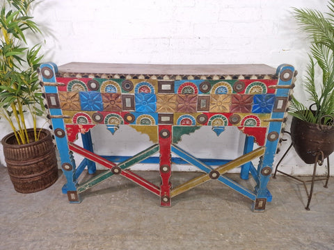 Vintage Reclaimed Hand Carved Solid Wooden Hallway Console Table Sideboard