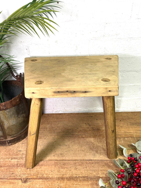 Vintage Hungarian Rustic Wooden Milking Stool Side Table Bench Plant Stand