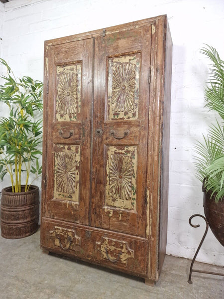 Vintage Antique Indian Solid Wooden Hand Carved Kitchen Cabinet Cupboard Armoire