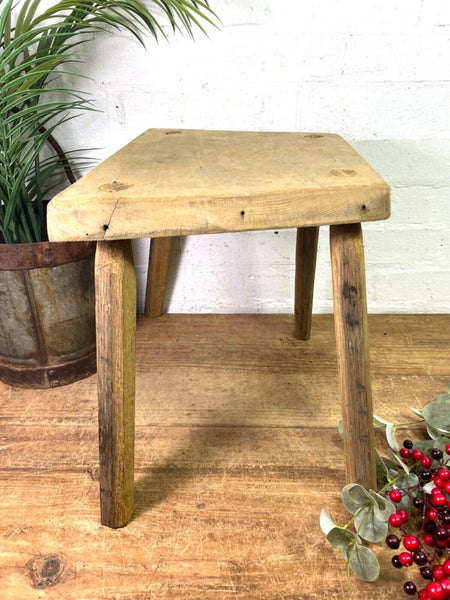Vintage Hungarian Rustic Wooden Milking Stool Side Table Bench Plant Stand