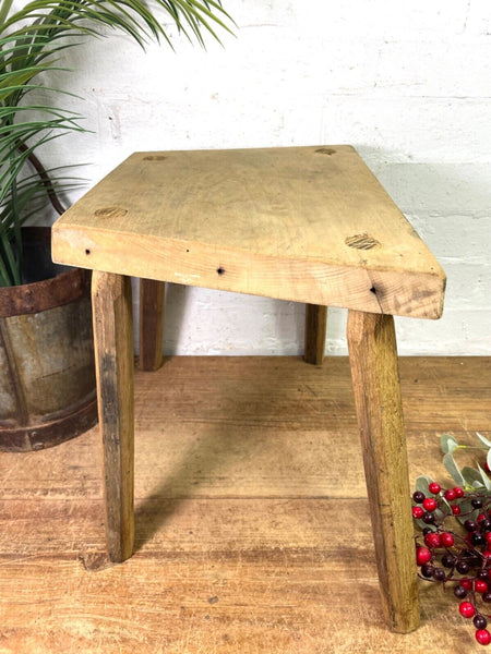 Vintage Hungarian Rustic Wooden Milking Stool Side Table Bench Plant Stand