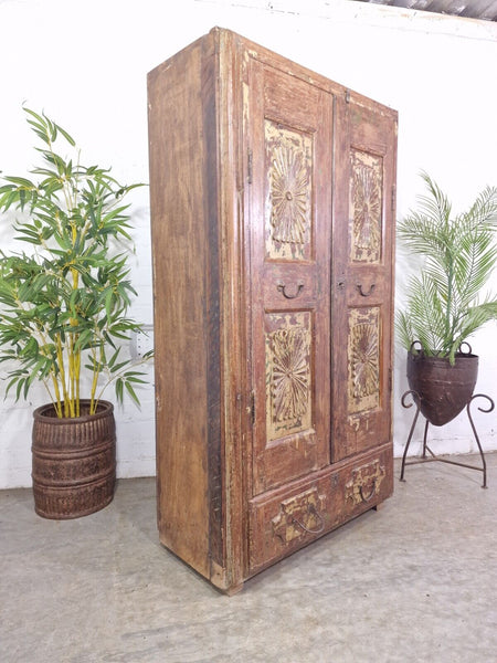 Vintage Antique Indian Solid Wooden Hand Carved Kitchen Cabinet Cupboard Armoire