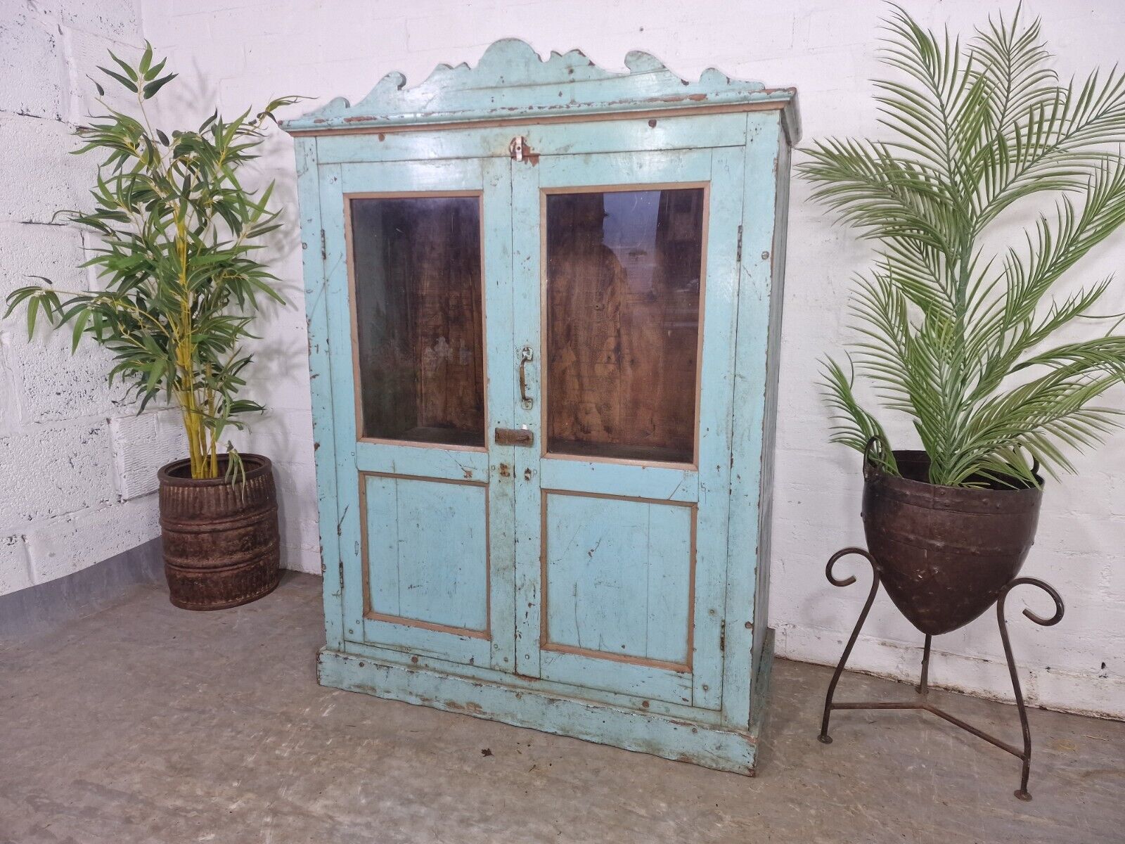 Vintage Reclaimed Indian Glazed Wooden Glass Kitchen Bathroom Drinks Cabinet