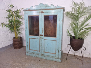 Vintage Reclaimed Indian Glazed Wooden Glass Kitchen Bathroom Drinks Cabinet