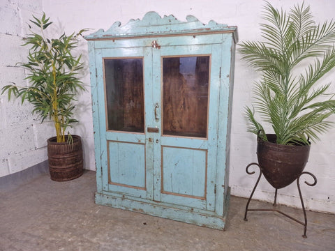 Vintage Reclaimed Indian Glazed Wooden Glass Kitchen Bathroom Drinks Cabinet