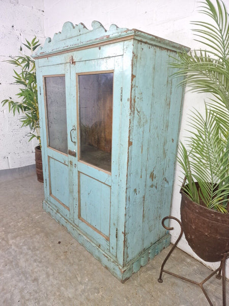 Vintage Reclaimed Indian Glazed Wooden Glass Kitchen Bathroom Drinks Cabinet
