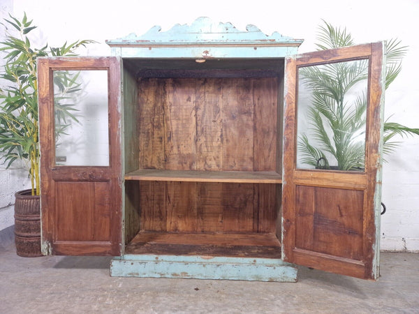 Vintage Reclaimed Indian Glazed Wooden Glass Kitchen Bathroom Drinks Cabinet