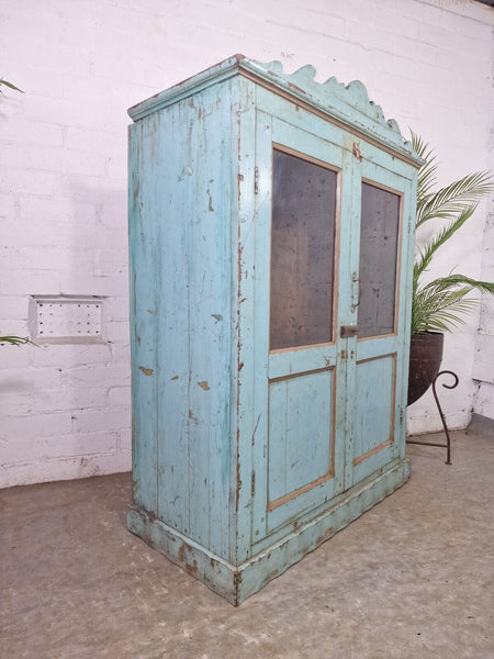 Vintage Reclaimed Indian Glazed Wooden Glass Kitchen Bathroom Drinks Cabinet