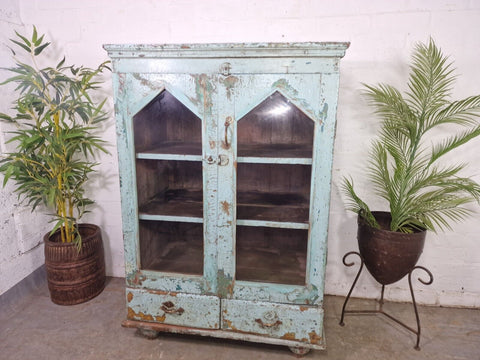 Vintage Reclaimed Indian Glazed Wooden Glass Kitchen Bathroom Drinks Cabinet