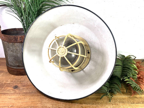 Vintage Hungarian Industrial Enamel Caged Ceiling Pendant Light